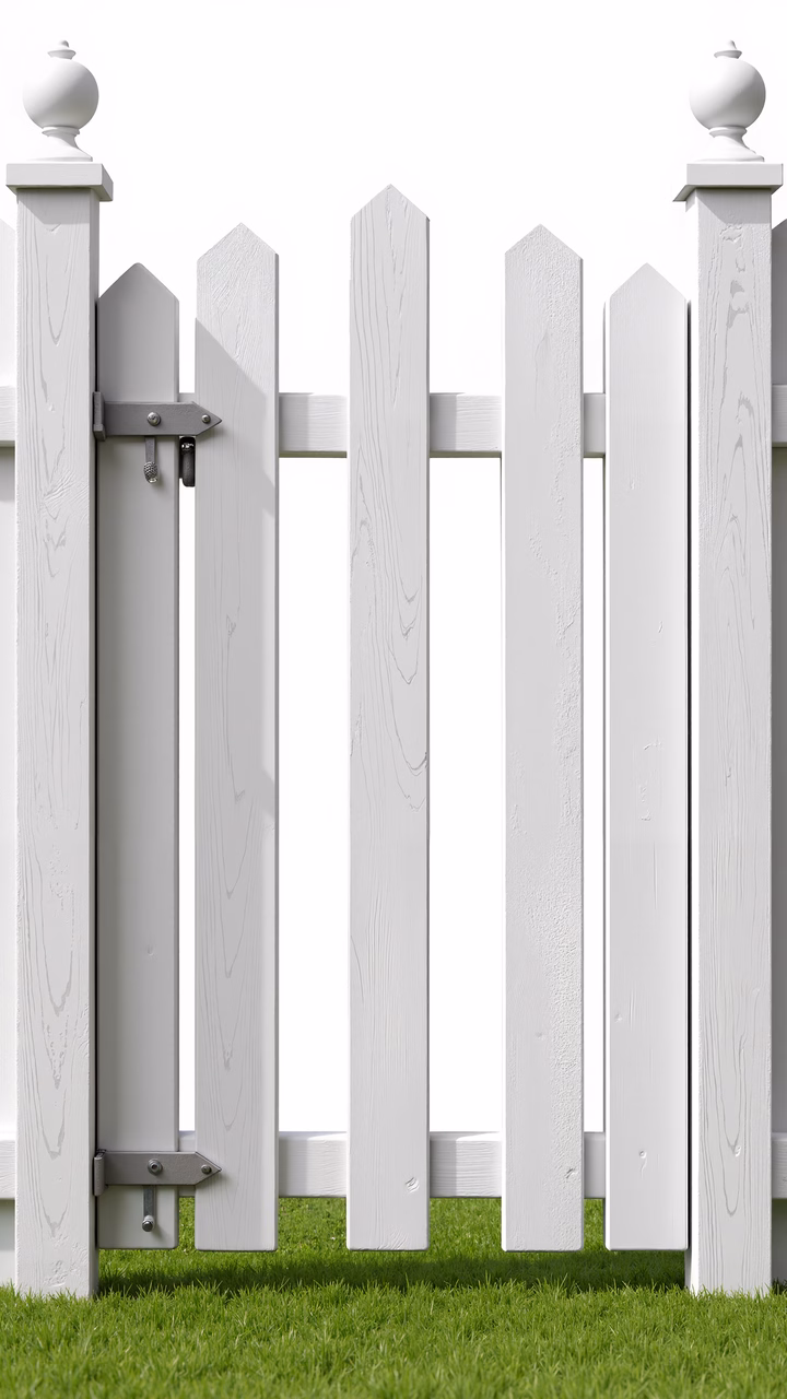 Close-up of a white wooden fence with vertical slats and decorative finials, set against a bright white background.