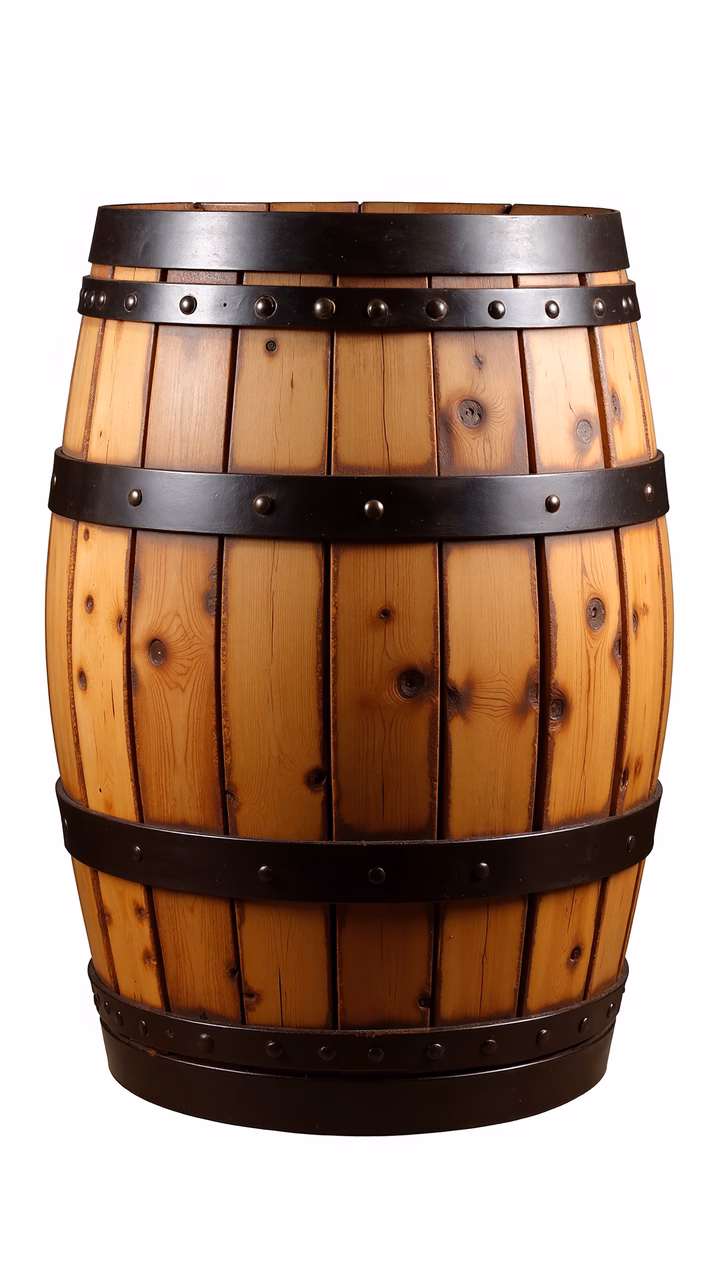 Rustic wooden barrel with black metal bands, detailed illustration.
