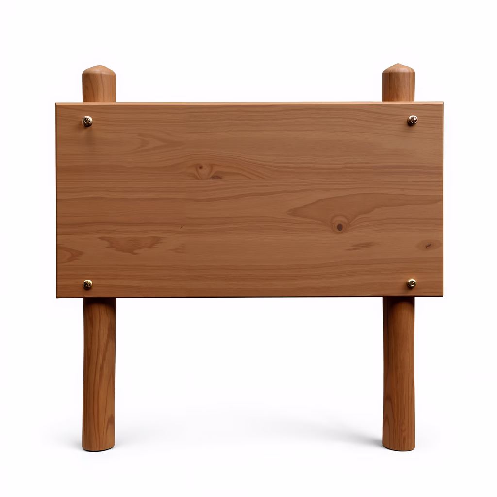 Minimalistic wooden bench with natural wood grain and sturdy legs.