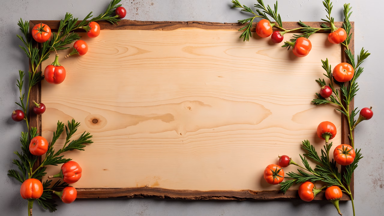 A rustic wooden board with fresh cherry tomatoes and herbs, perfect for food photography.