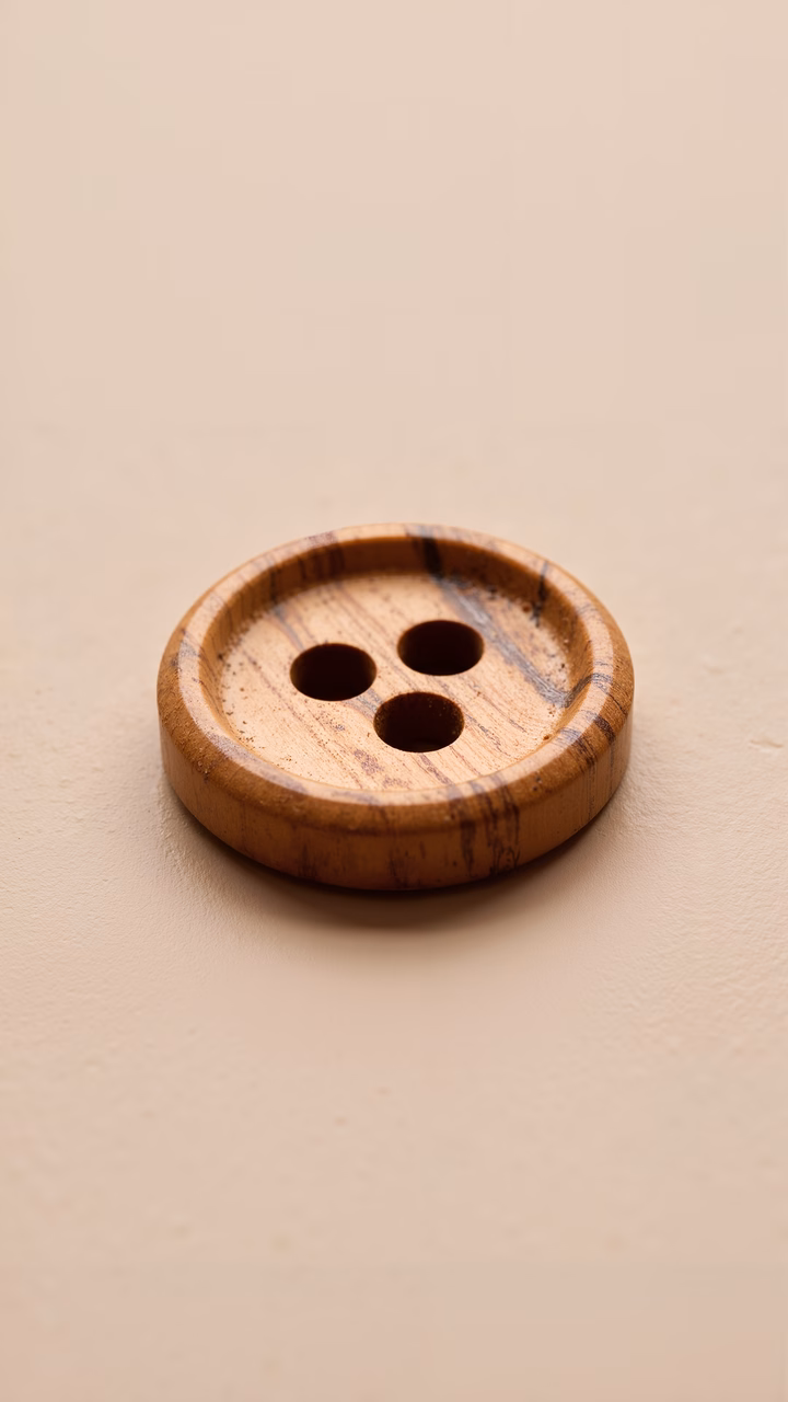 Close-up of a wooden button with natural grain on a neutral background.