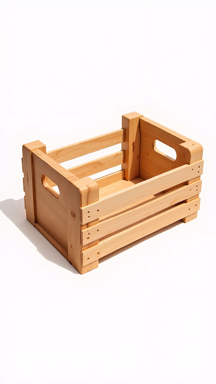 Simple wooden crate with natural finish against a white background.