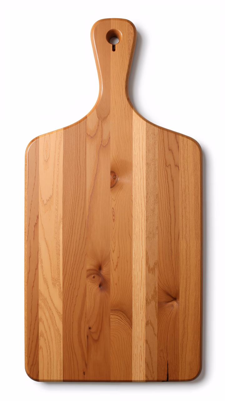 Rustic wooden cutting board with natural grain and polished finish.