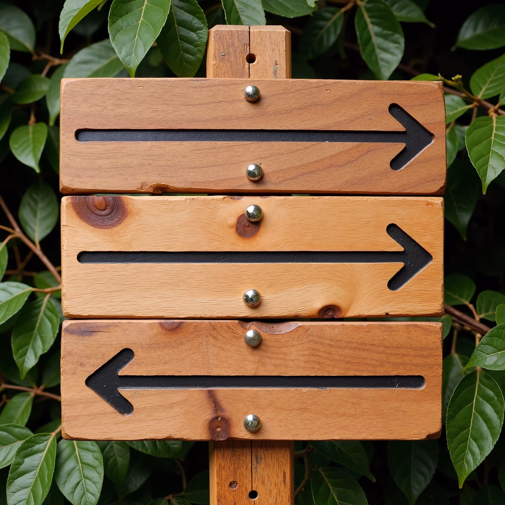 Rustic wooden directional sign with black arrows amidst green foliage.