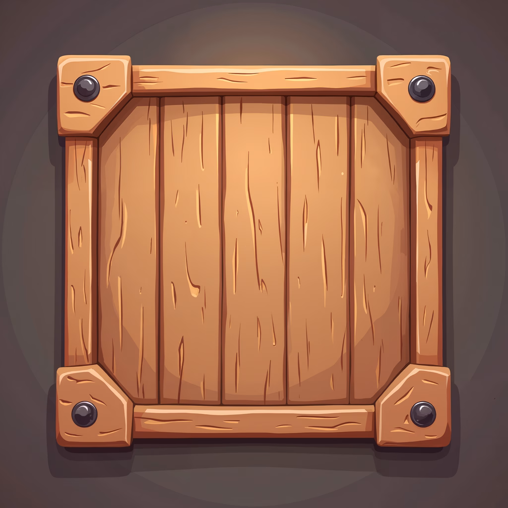 A detailed cartoon-style wooden door with metal hinges against a dark background.