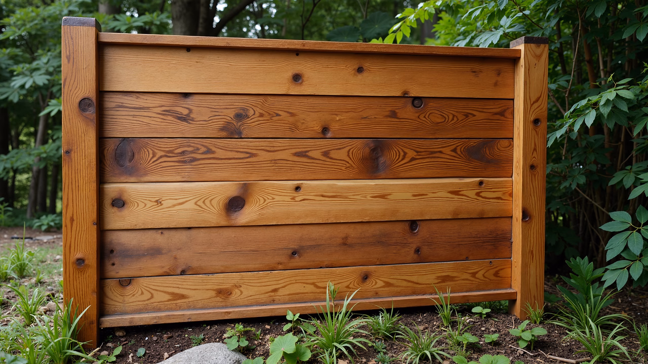 Close-up of a wooden fence with natural wood grain and knots, surrounded by greenery.