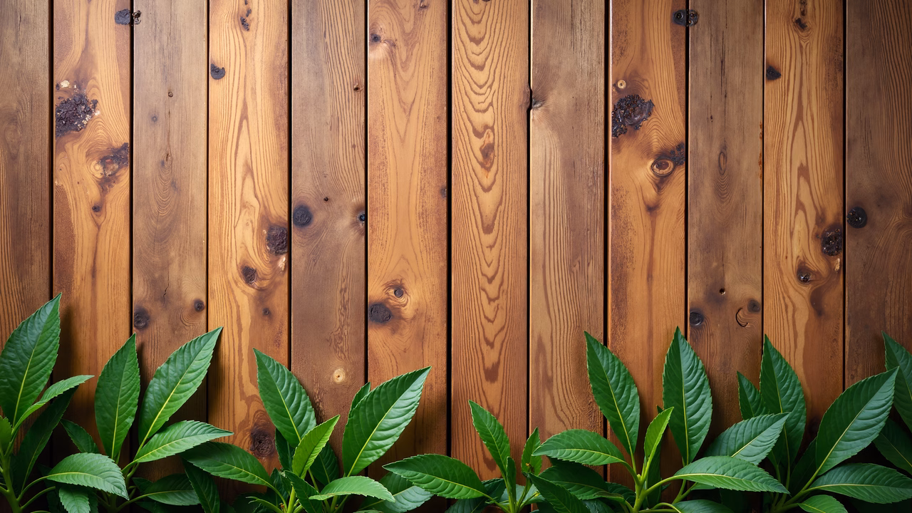 Rustic wooden fence with vibrant greenery, evoking tranquility.