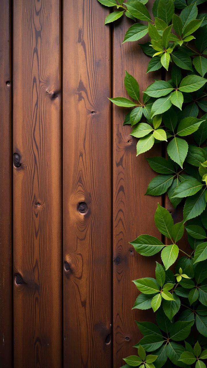 A close-up of a wooden fence with ivy leaves cascading down, showcasing nature's beauty and texture.
