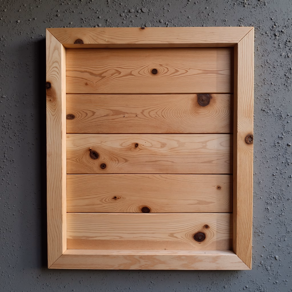 Minimalist wooden frame with natural grain and knots, set against a dark textured background.