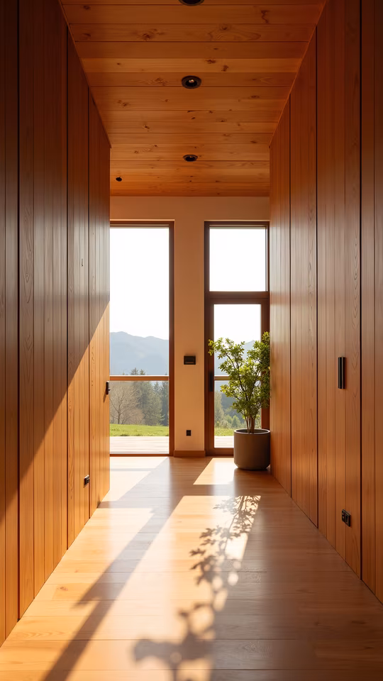 Wooden Hallway with Mountain View