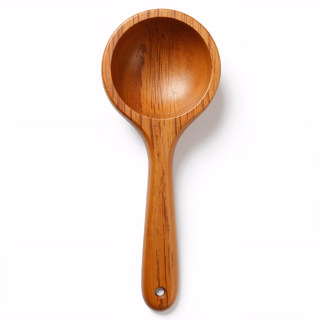 Close-up of a polished wooden ladle with natural grain patterns.