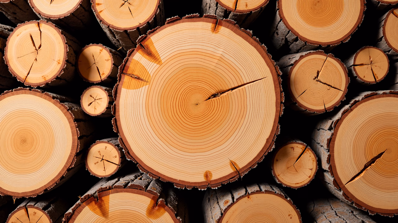 Close-up of wooden logs with intricate growth rings, natural beauty in wood textures.