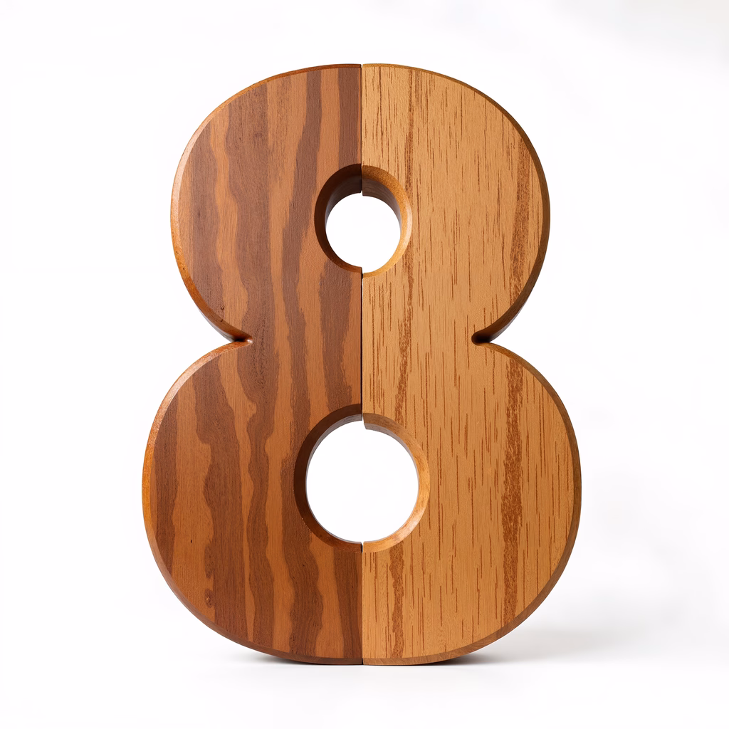 A split wooden number eight with intricate wood grain patterns.
