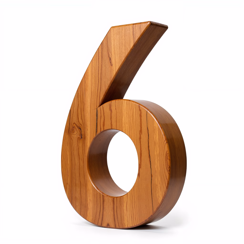 A close-up of a wooden number six with detailed grain patterns and smooth curves.
