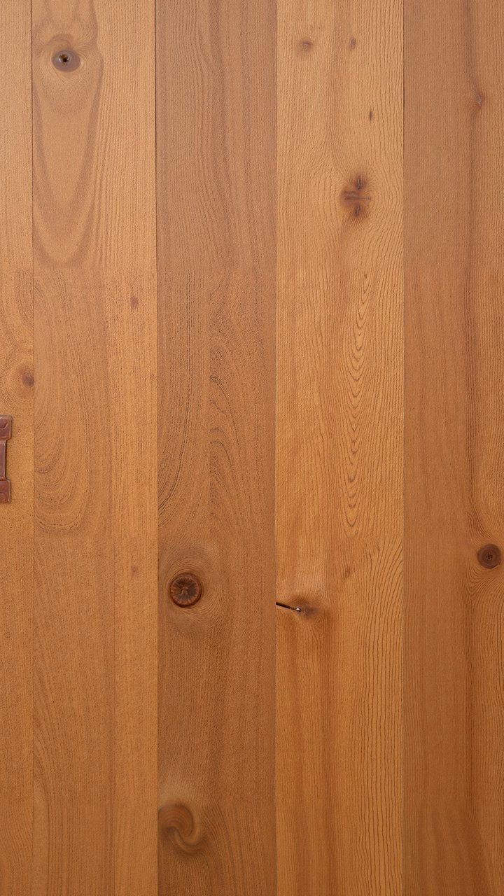 Close-up of wooden paneling with natural grain and knots, creating a warm and rustic feel.