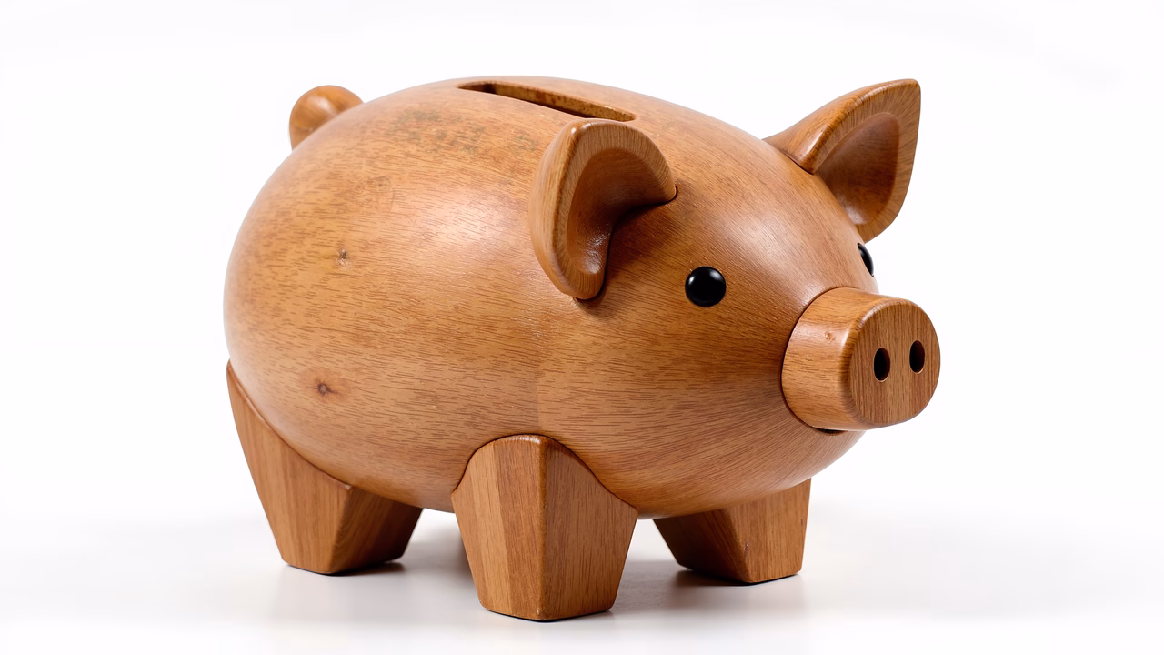 A rustic wooden piggy bank with a charming design and natural wood grain.