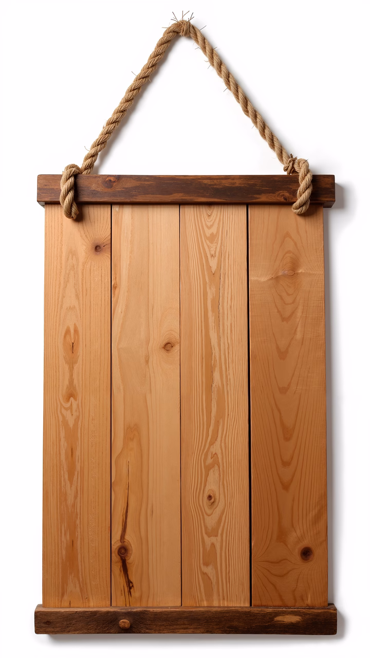 A rustic wooden sign with vertical planks and a rope hanger.