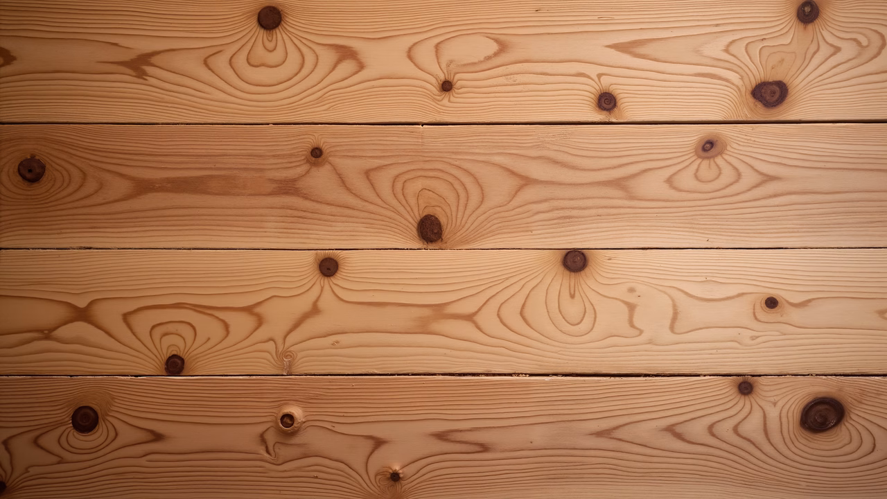 Close-up of wooden planks with natural grain patterns and knots, evoking warmth and simplicity.
