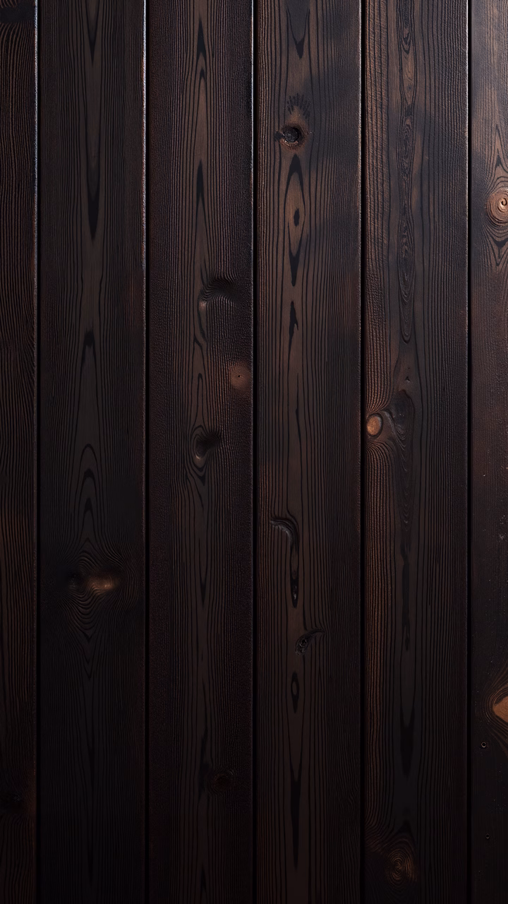 Close-up of dark wooden planks with detailed grain patterns and knots.