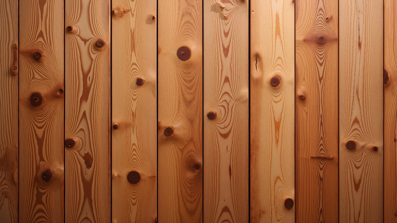Close-up of wooden planks with natural grain and knots, showcasing rustic charm.