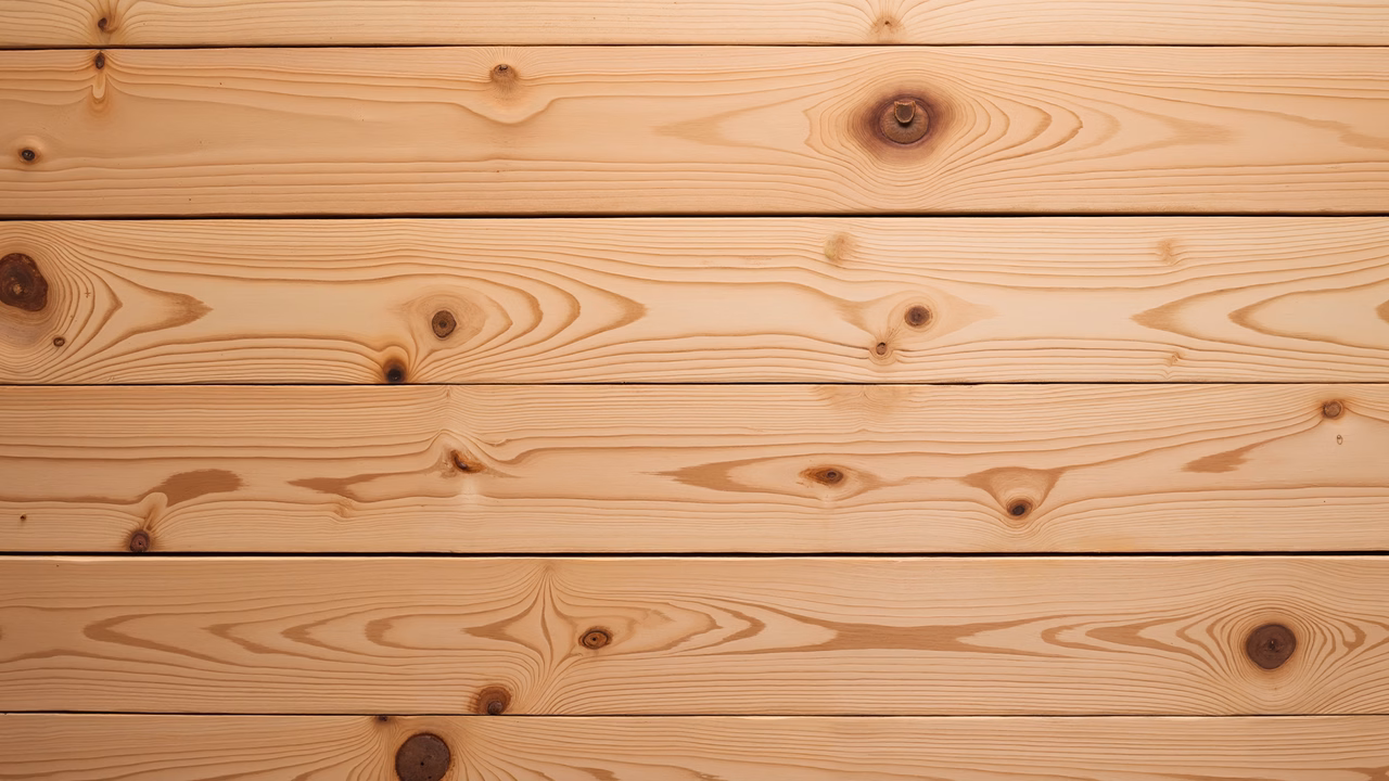 Horizontal wooden planks with natural grain patterns and knots in warm beige tones.