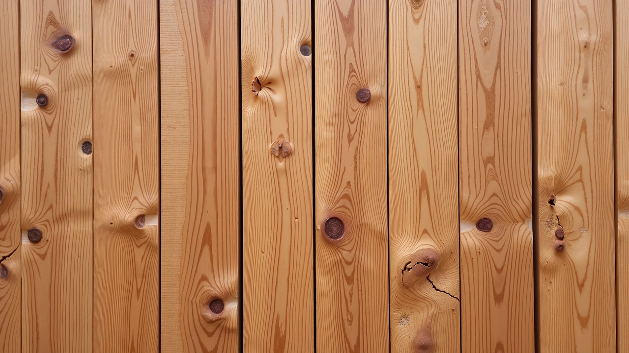 Close-up of wooden planks with natural grain and knots, evoking a rustic charm.