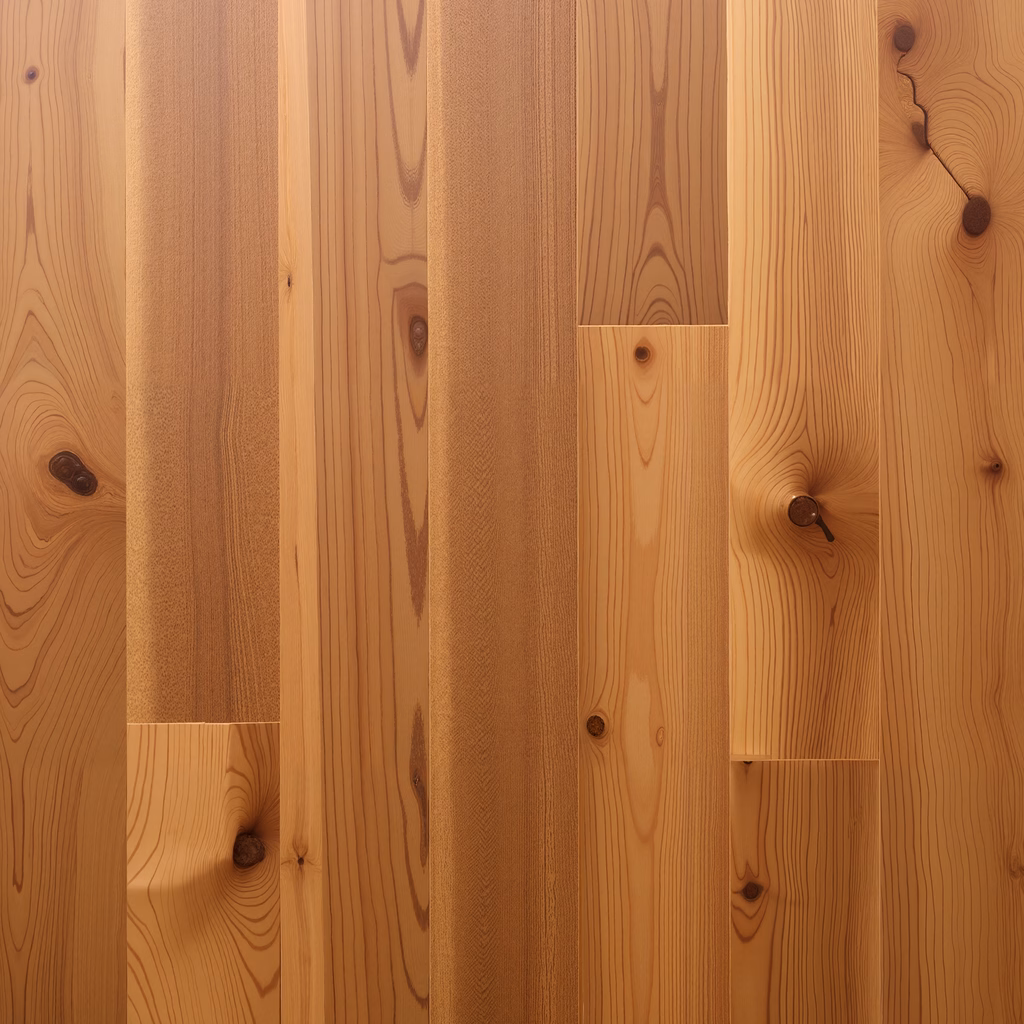 Close-up of vertical wooden planks with natural grain and knots, showcasing rustic charm and warmth.