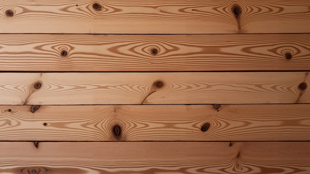 Close-up of wooden planks with natural grain patterns and knots, evoking warmth and craftsmanship.