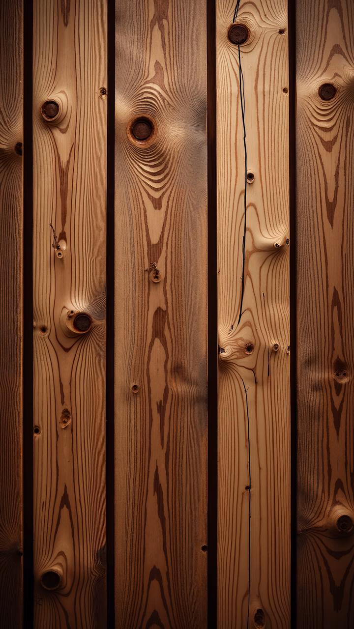 Close-up of wooden planks with natural grain patterns and knots, evoking warmth and craftsmanship.