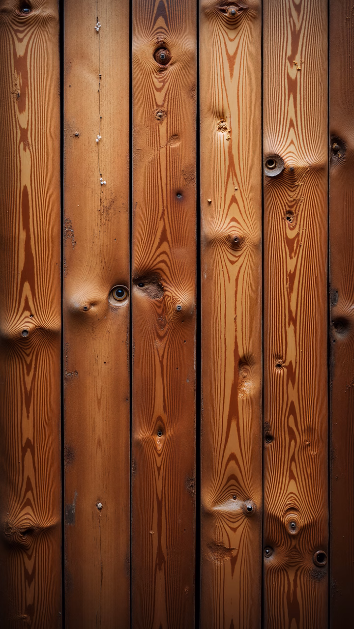 Vertical wooden planks with eye-like features, evoking warmth and mystery.
