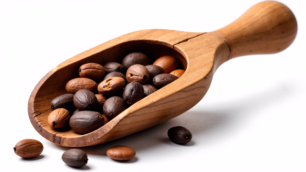 Rustic wooden scoop with dark brown nuts on a white background.