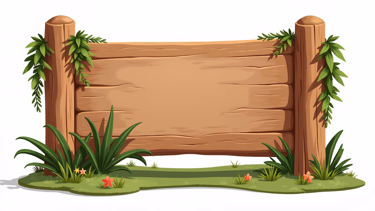 Blank wooden signboard surrounded by greenery and flowers, evoking a peaceful ambiance.