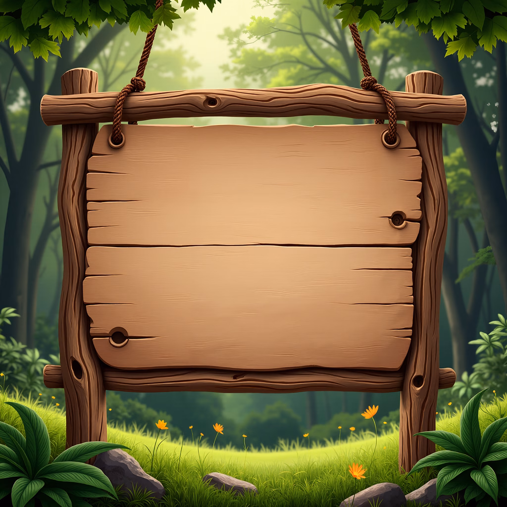 Rustic wooden signboard in a serene forest setting.