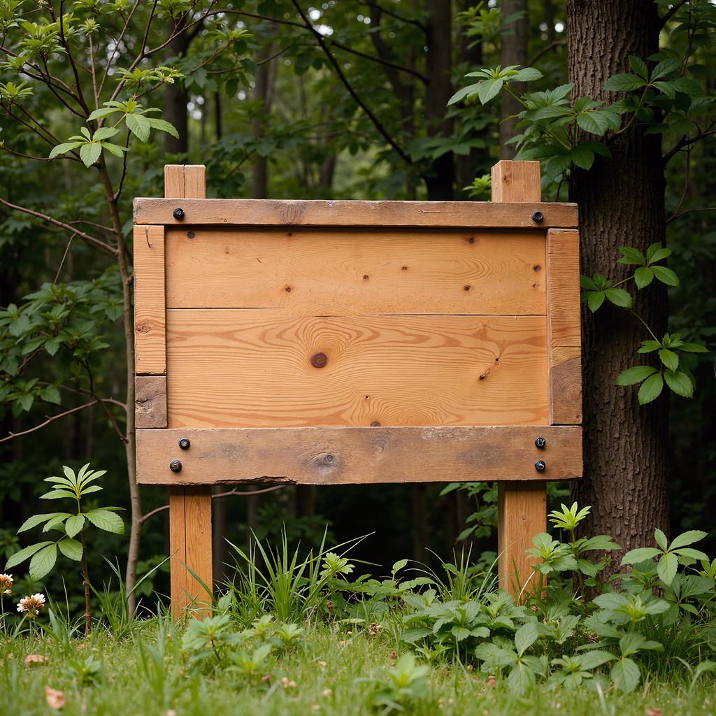 Rustic wooden signboard in a lush forest setting, blending natural and man-made elements.