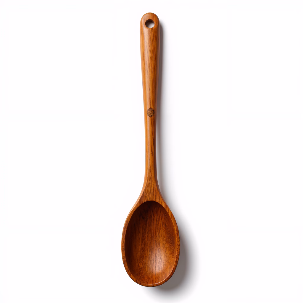 Close-up of a wooden spoon with smooth, polished surface and long, curved handle.