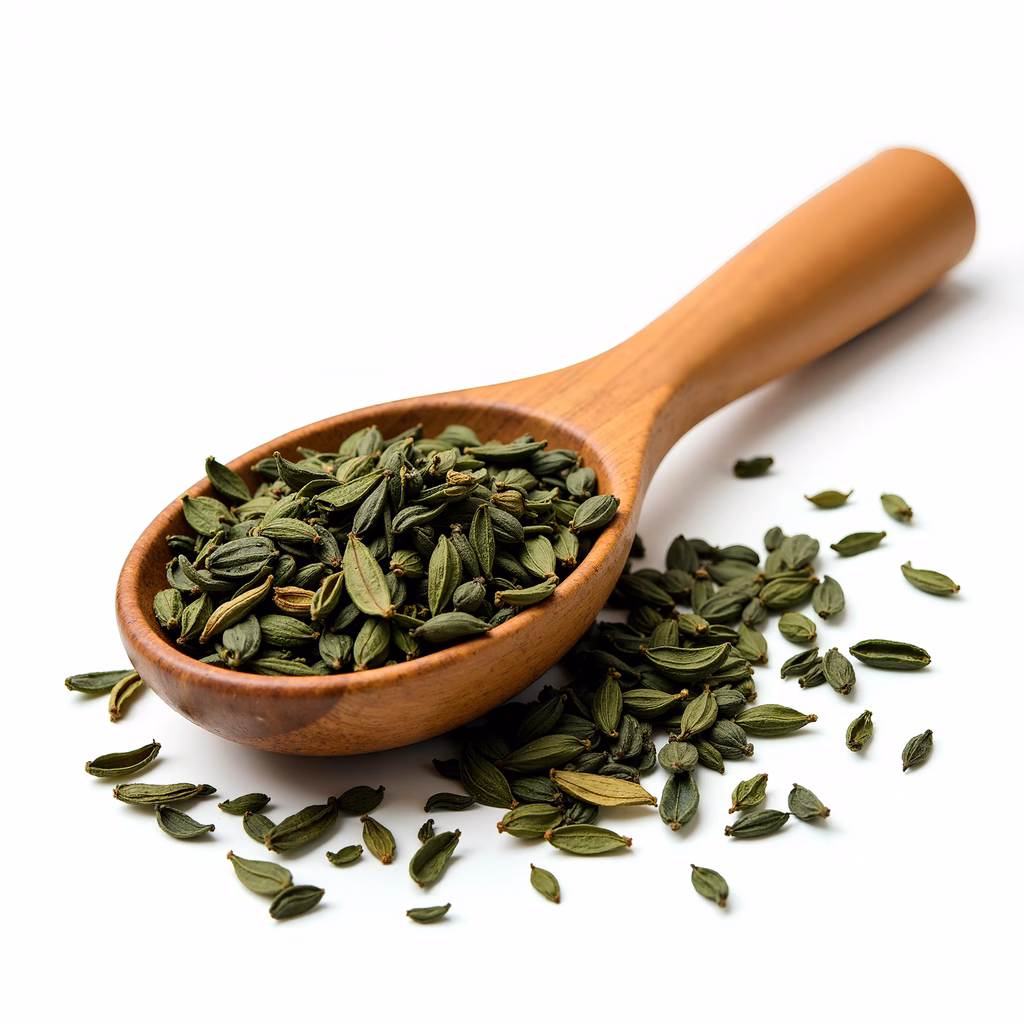Close-up of a wooden spoon filled with green cardamom pods against a white background.