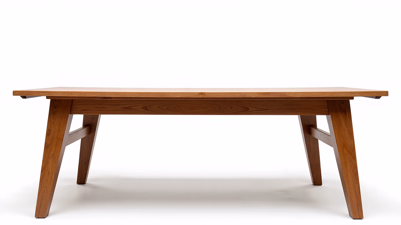 Minimalist wooden table with natural grain and clean lines.