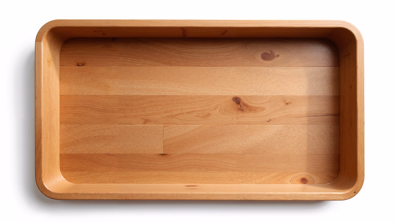 A close-up of a wooden tray with natural grain patterns and warm tones.
