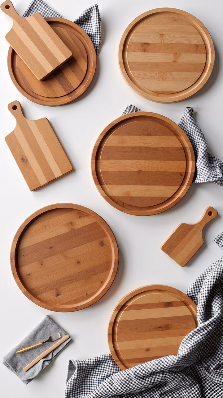 A collection of wooden trays and cutting boards arranged on a white surface, featuring natural wood grain and checkered cloth.
