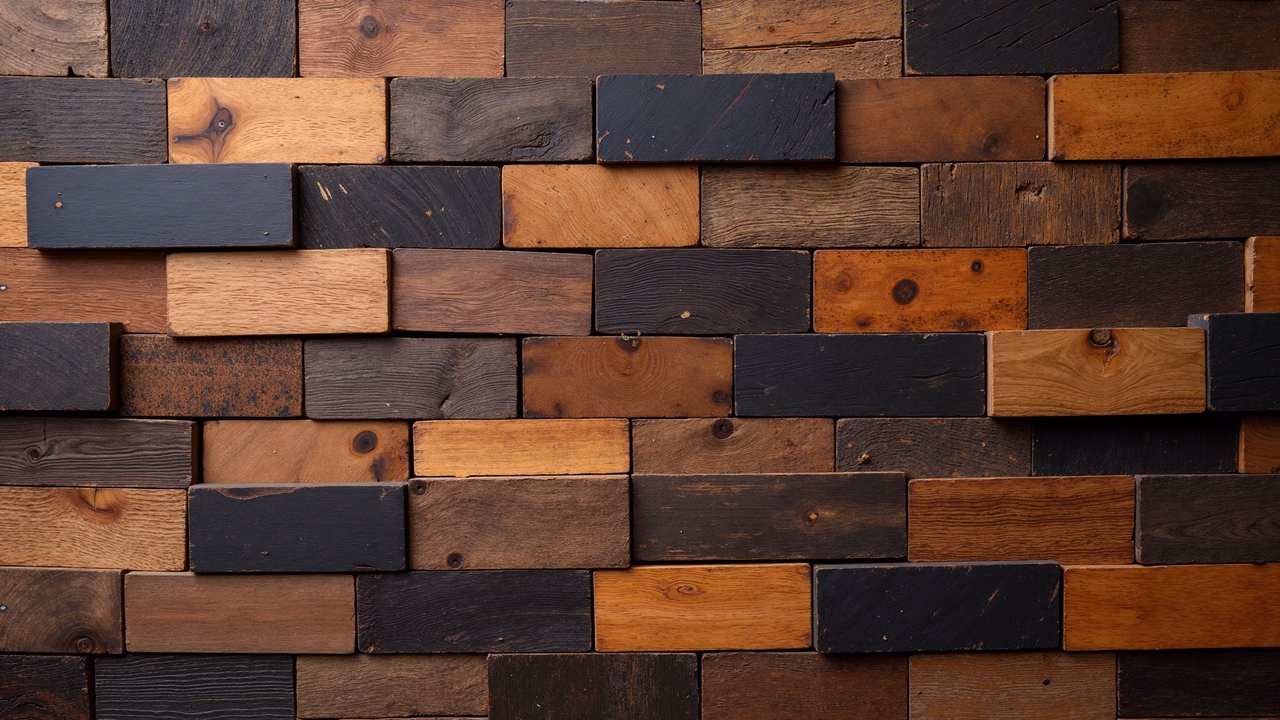 A detailed mosaic wall made of various wooden planks in different colors and sizes.