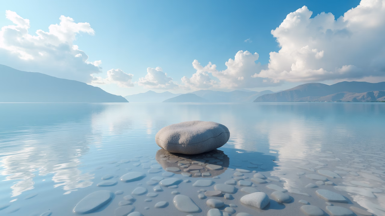A tranquil illustration of a stone on a pebbled shore, reflecting the serene landscape under a blue sky.