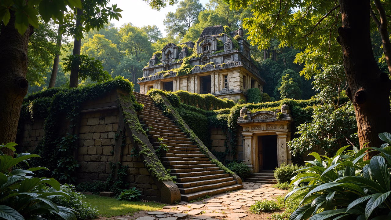 An abandoned mansion surrounded by nature, blending decay with serenity.
