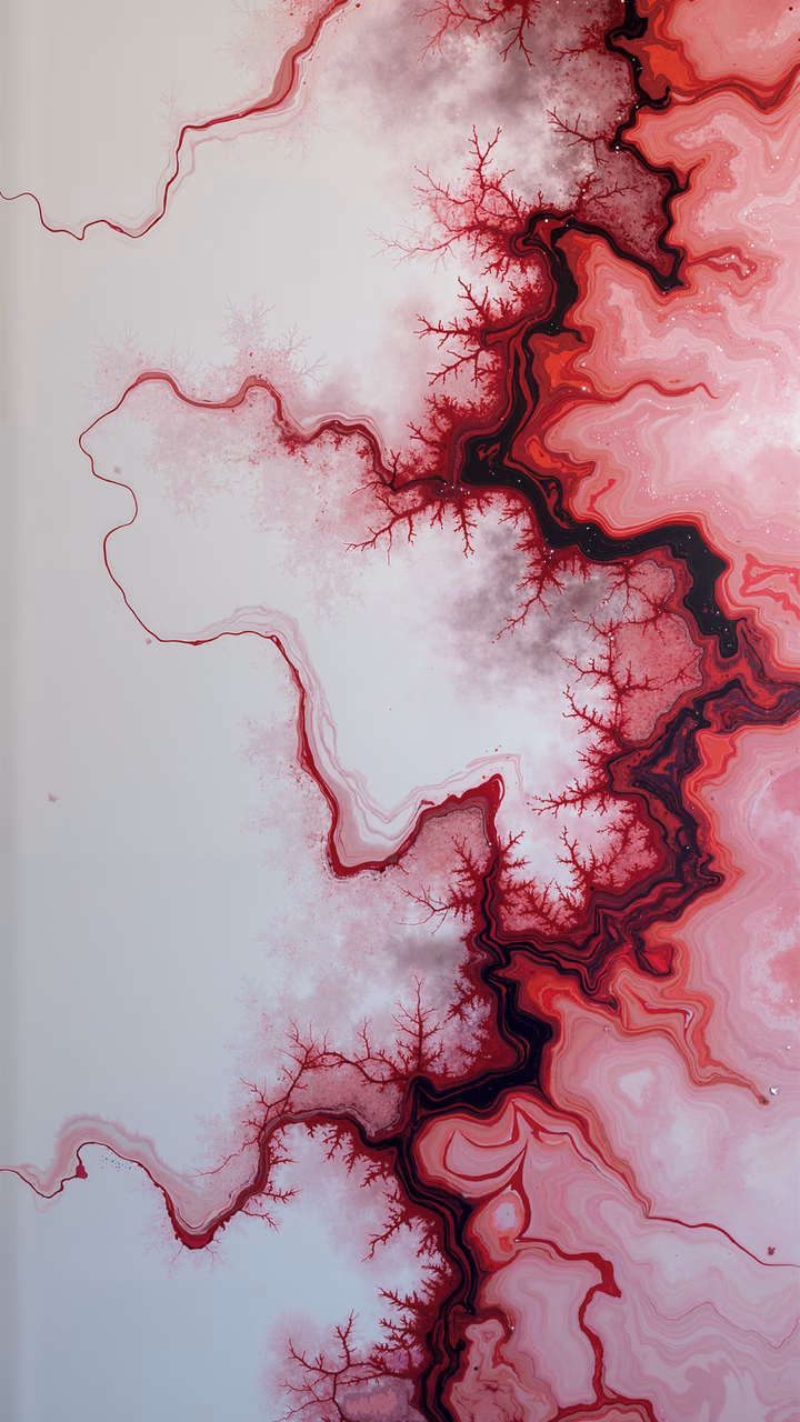 Intricate fractal patterns in red and pink on a white background, evoking natural formations and organic growth.