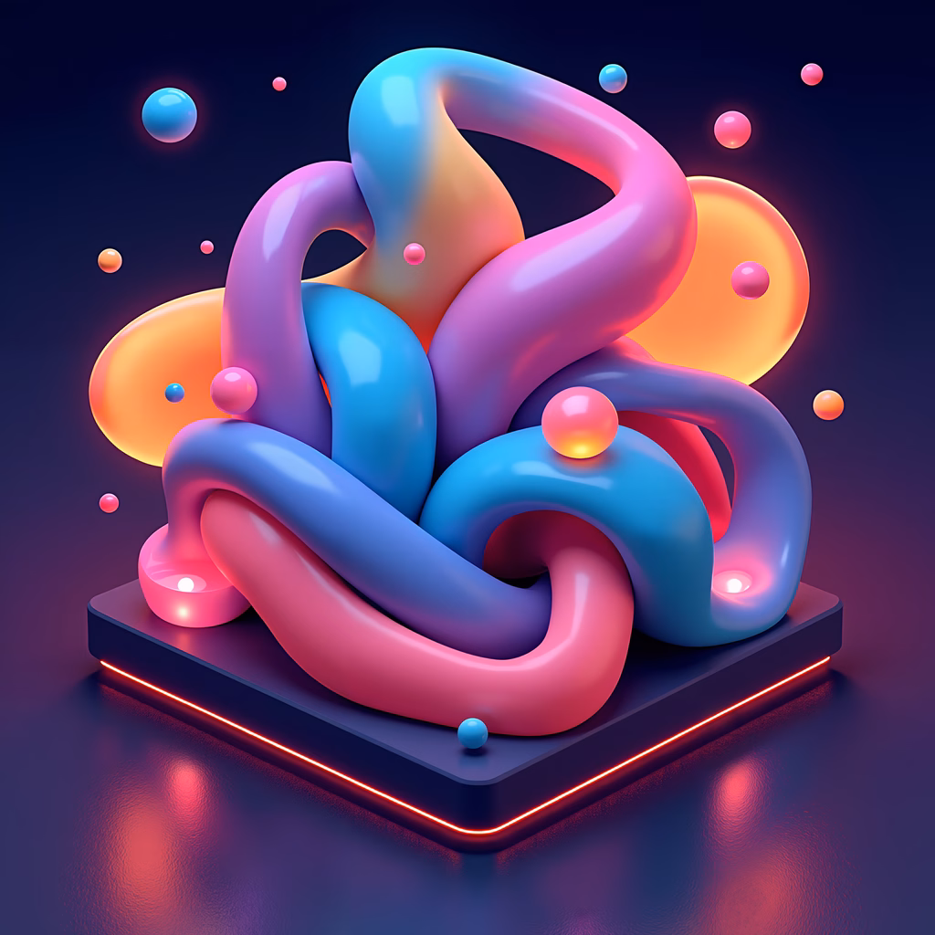 Vibrant abstract sculpture with neon lights and floating spheres.