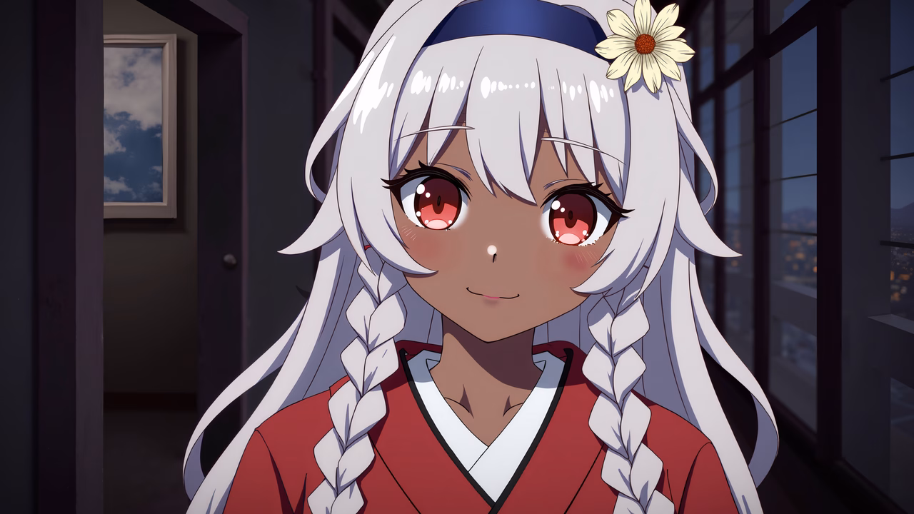 A cute anime girl with braids and a red kimono, set against a nighttime city backdrop.