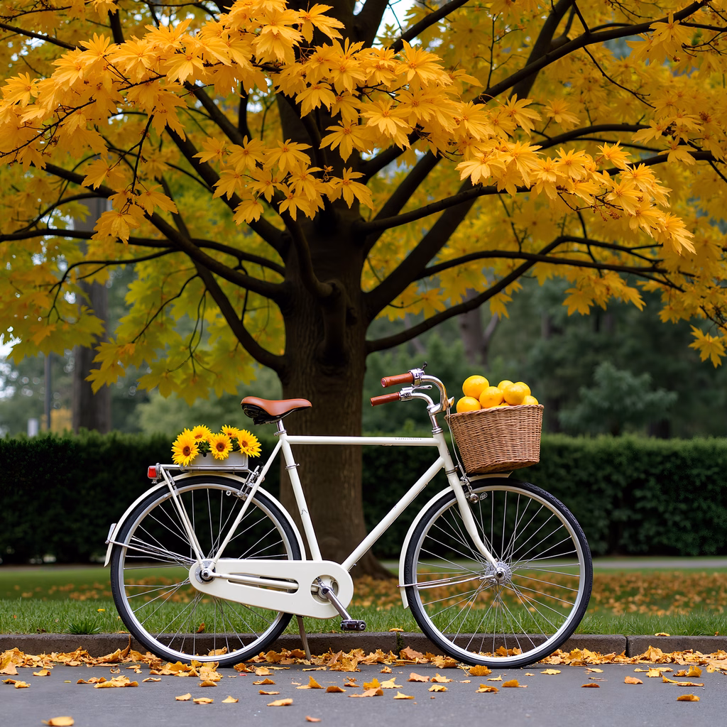 Vintage bicycle with sunflowers and oranges under a tree with yellow leaves, autumn scene.