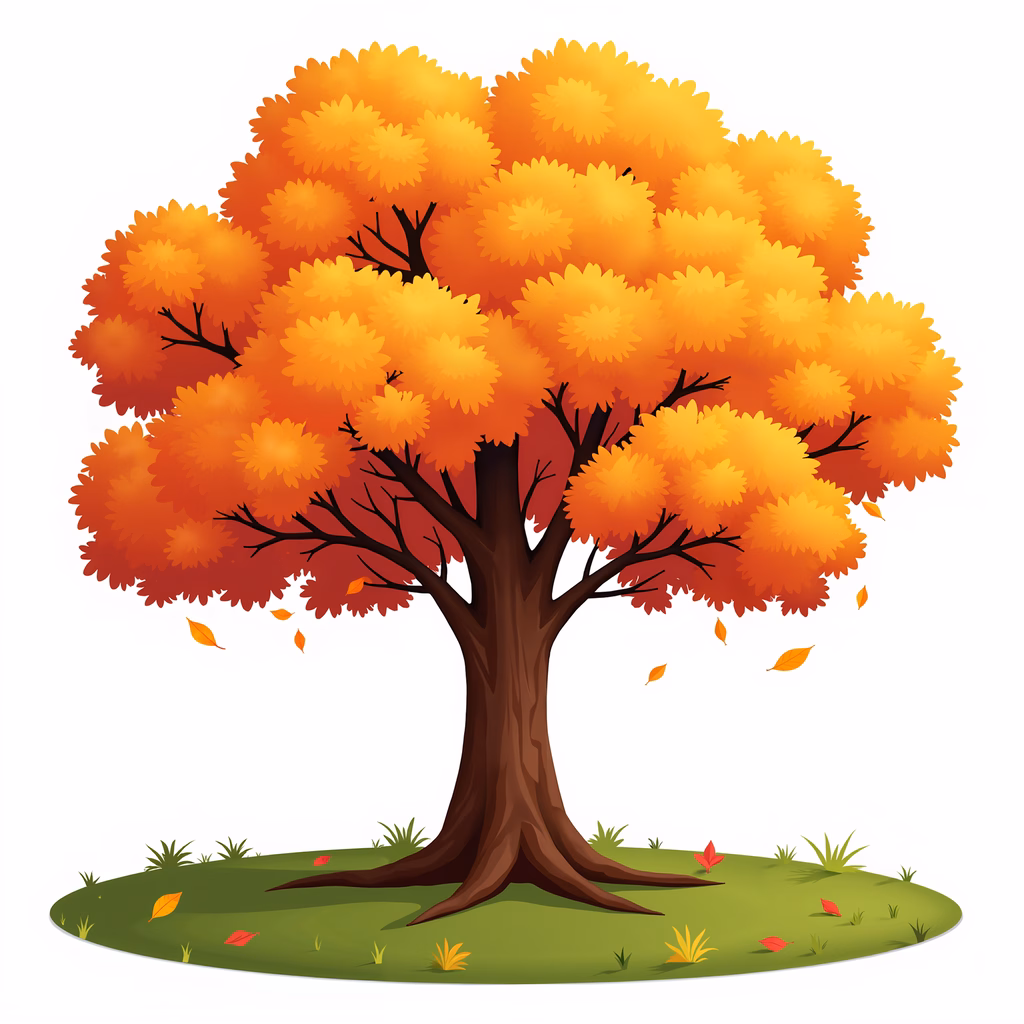 Vibrant autumn tree illustration with warm colors and falling leaves.