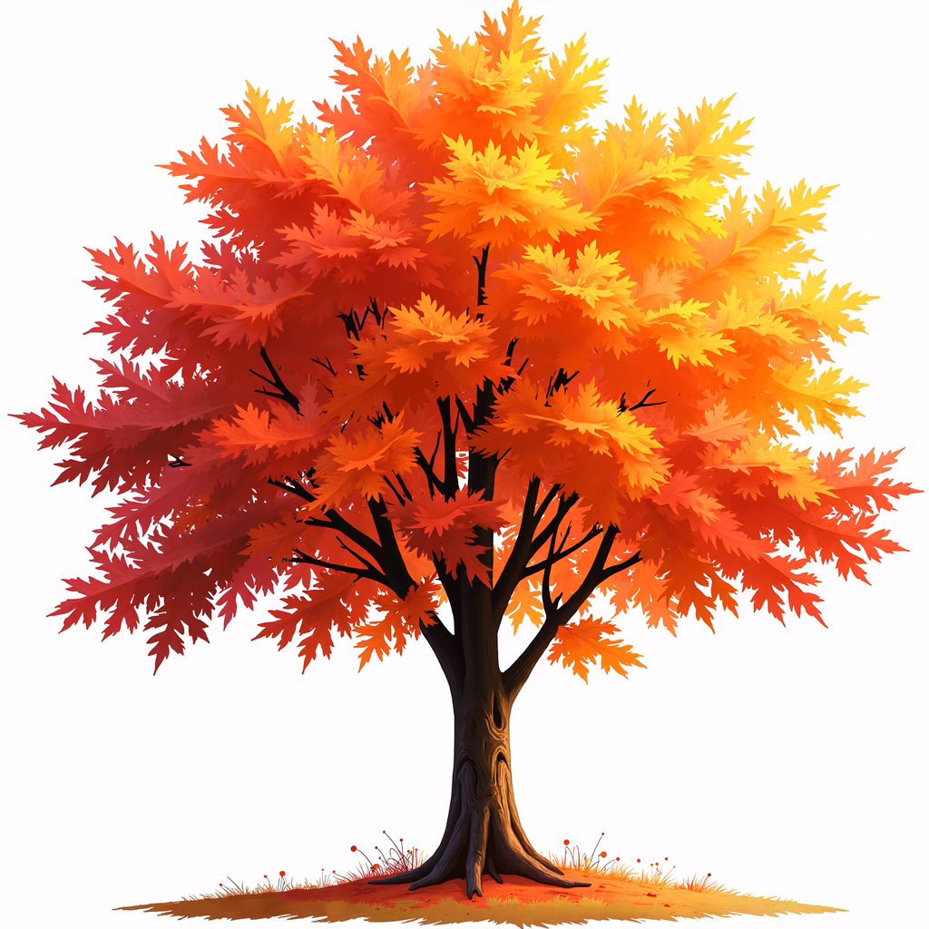 Vibrant autumn tree illustration with rich colors and dynamic foliage.