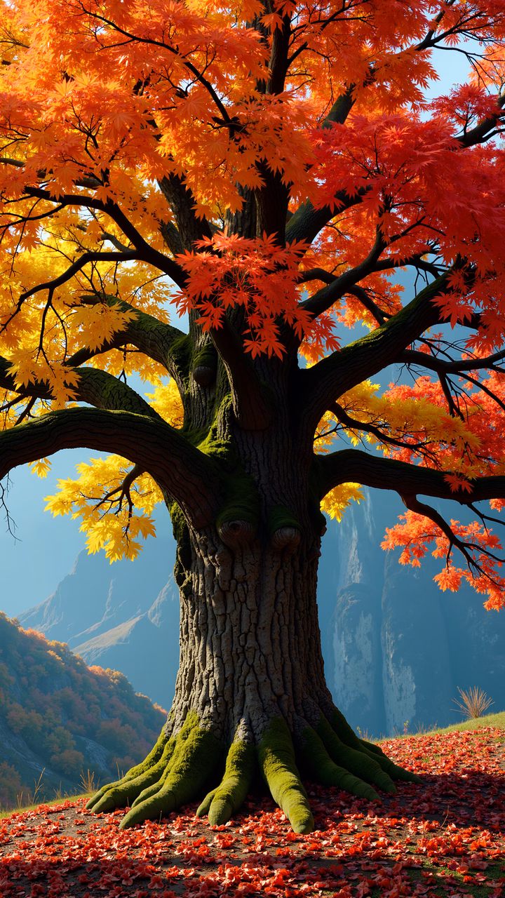 A detailed illustration of a tree in autumn hues, surrounded by mountains and fallen leaves.