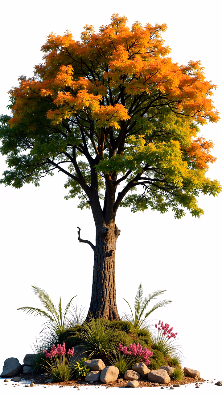 Vibrant autumn tree illustration with detailed textures and serene atmosphere.